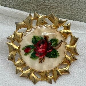 Vintage Petit Point Red Rose Brooch Round